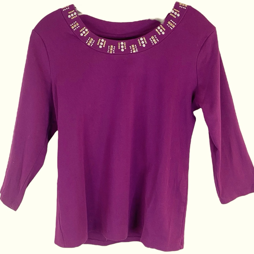 Style & Co Women’s Purple Top Jeweled Neckline Casual Everyday Layering Shirt